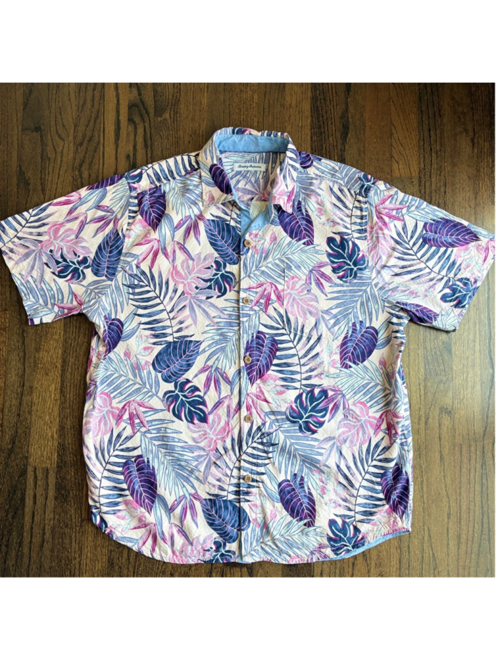 Tommy Bahama Silk Tropical Palm Leaf Floral Short Sleeve Button Up Camp Shirt L